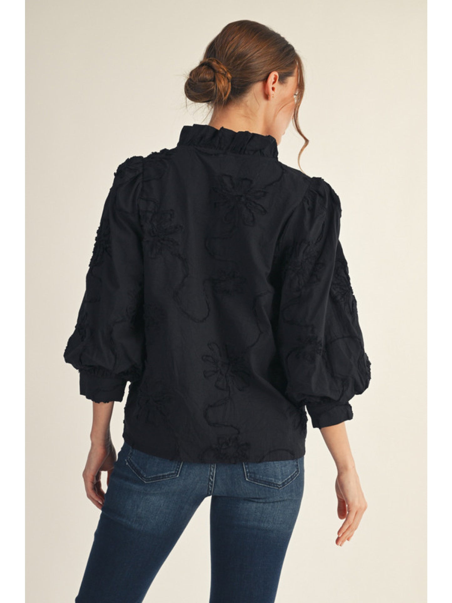 Floral Applique 3/4 Sleeve Button Down Top