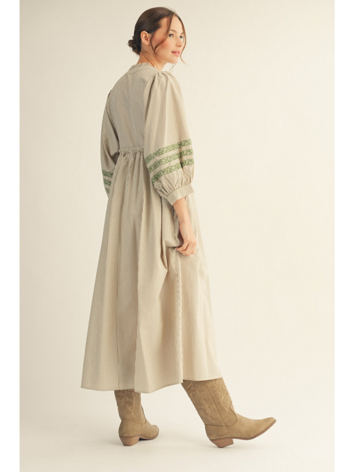 Embroidered Striped Midi Dress