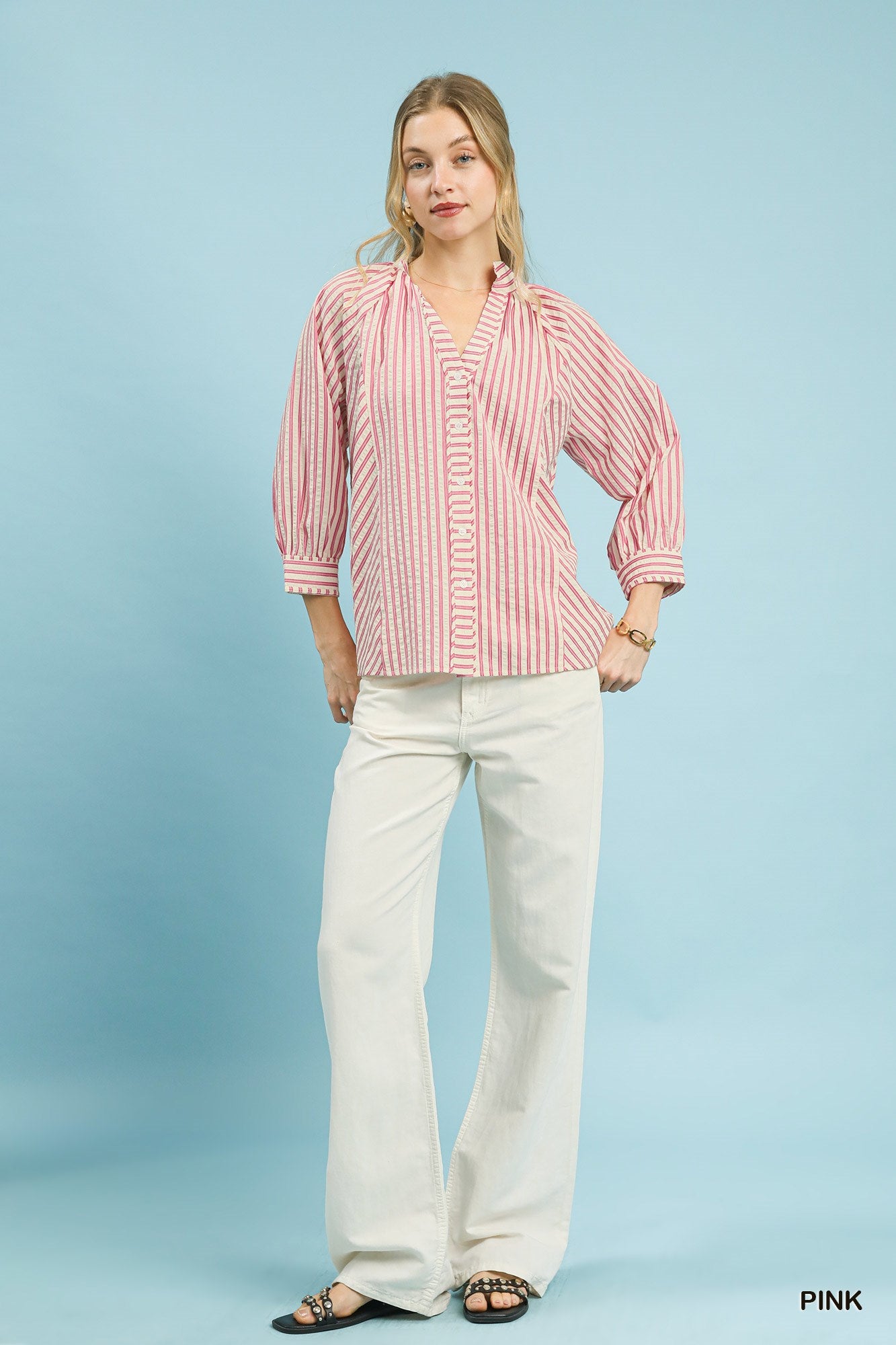 Striped V-Neck Button Up