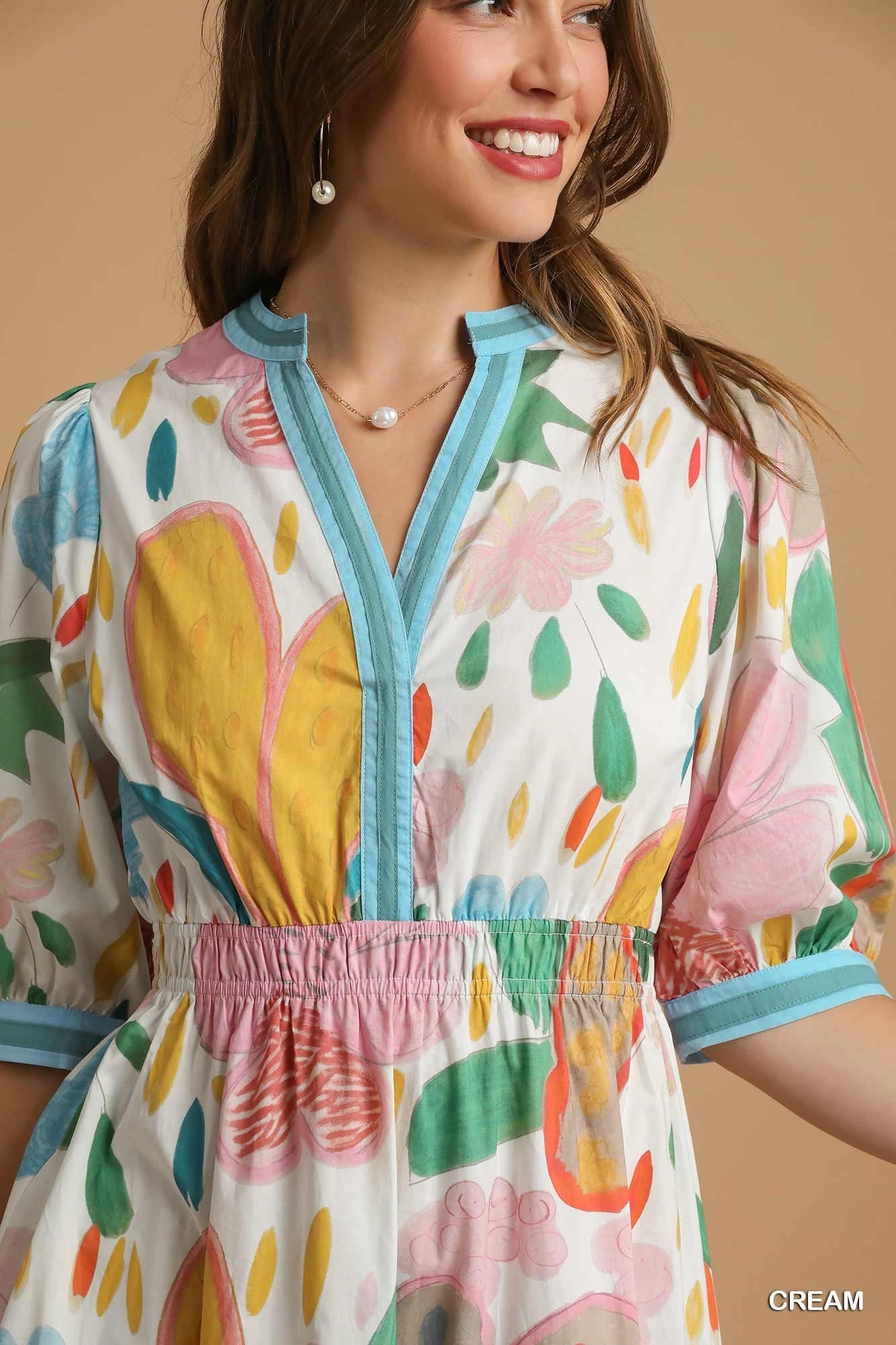 Abstract Floral Midi Dress with Puff Sleeves