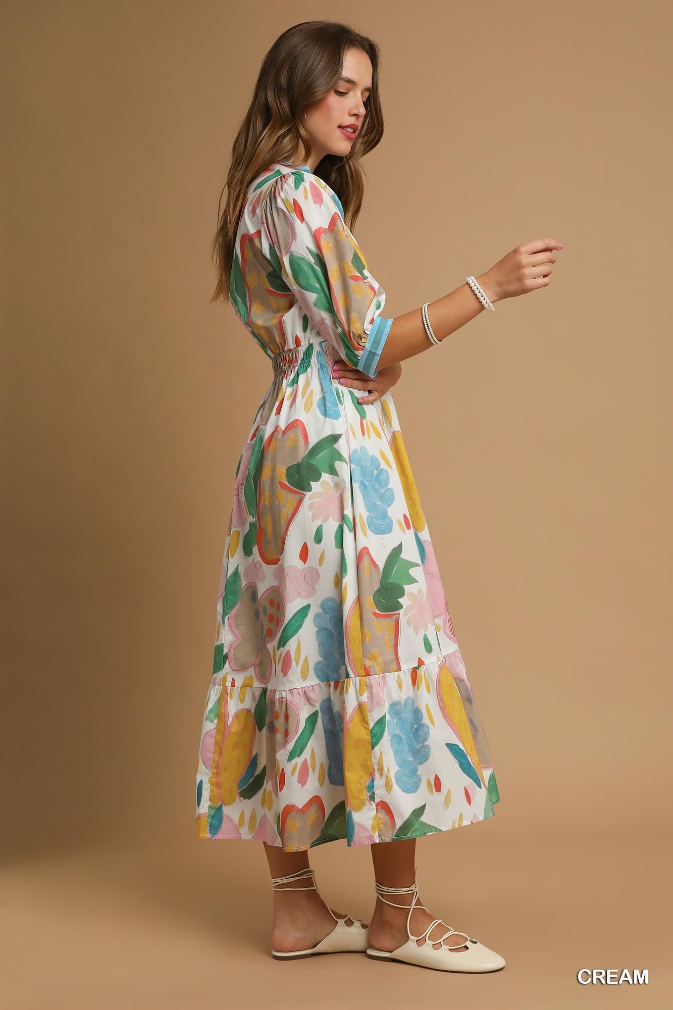 Abstract Floral Midi Dress with Puff Sleeves