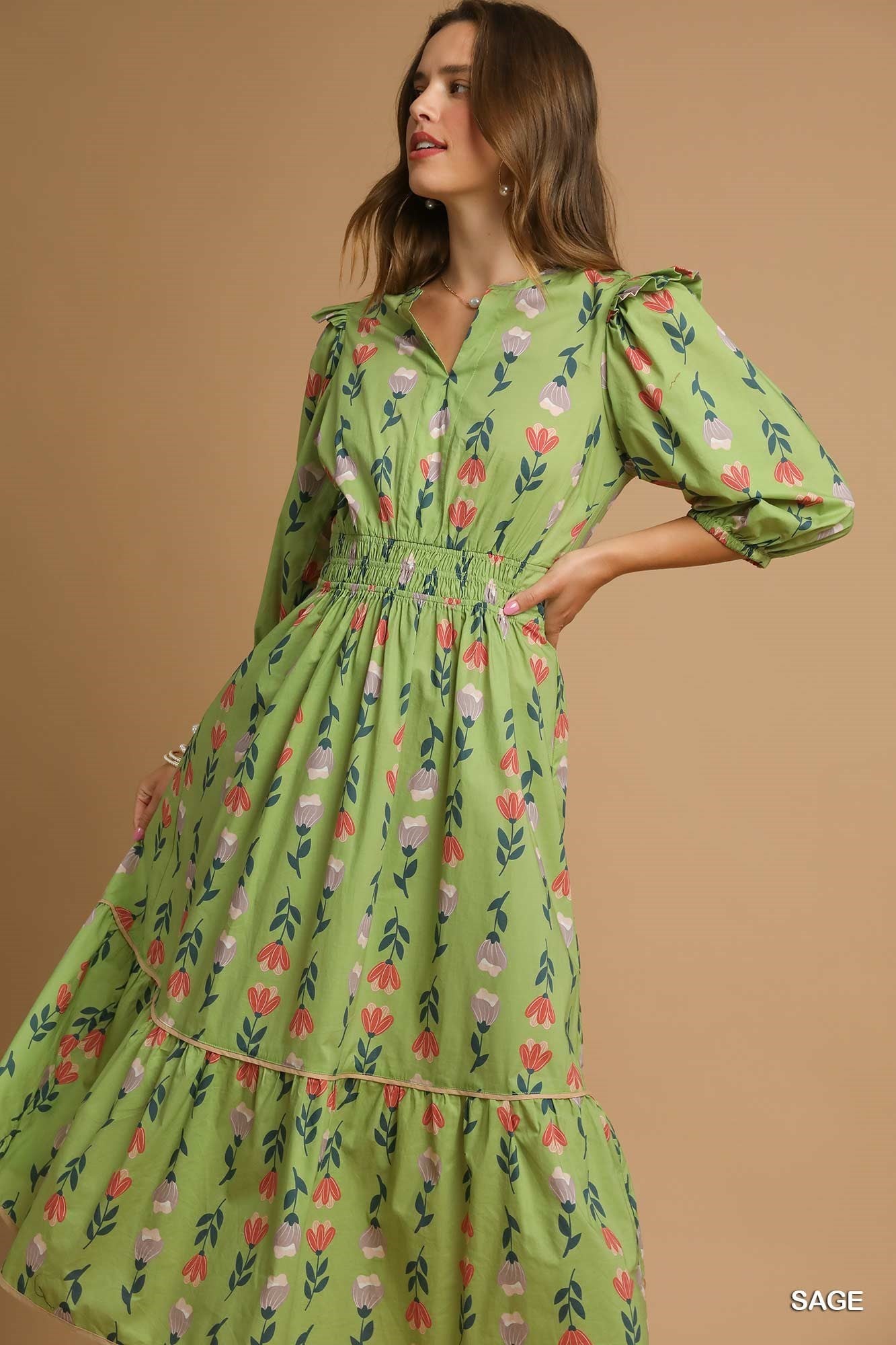 Puff Sleeve Smocked Floral Midi Dress