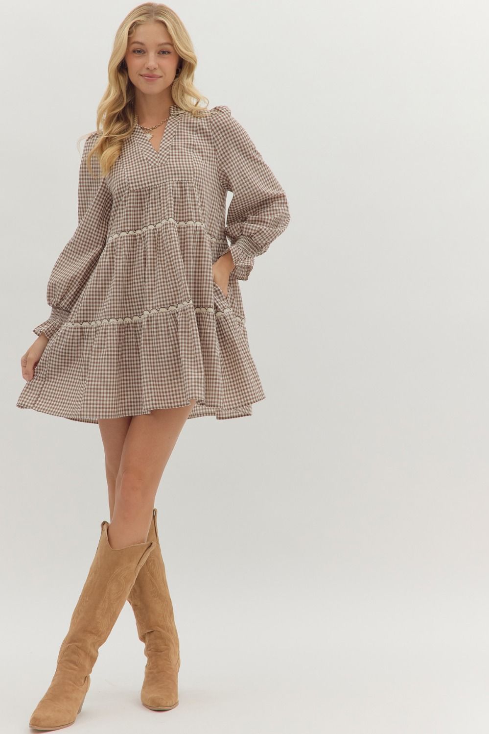 Gingham Long-Sleeve Mini Dress