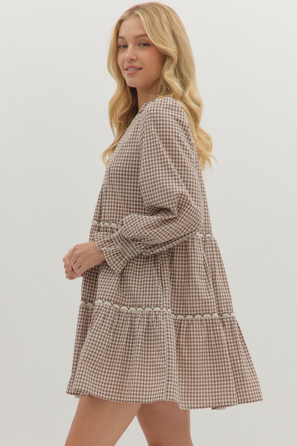 Gingham Long-Sleeve Mini Dress