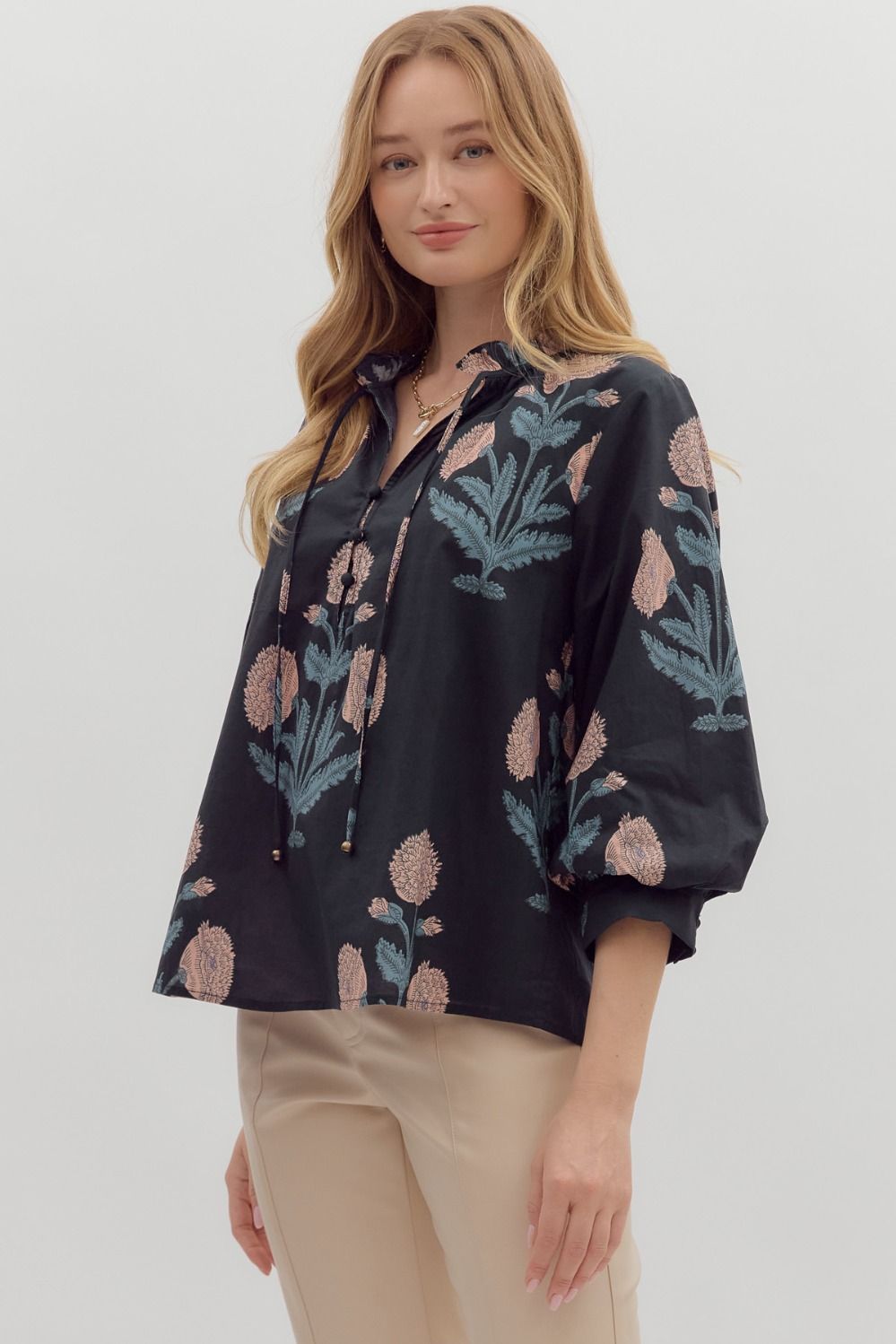 Floral Bubble Sleeve Pullover