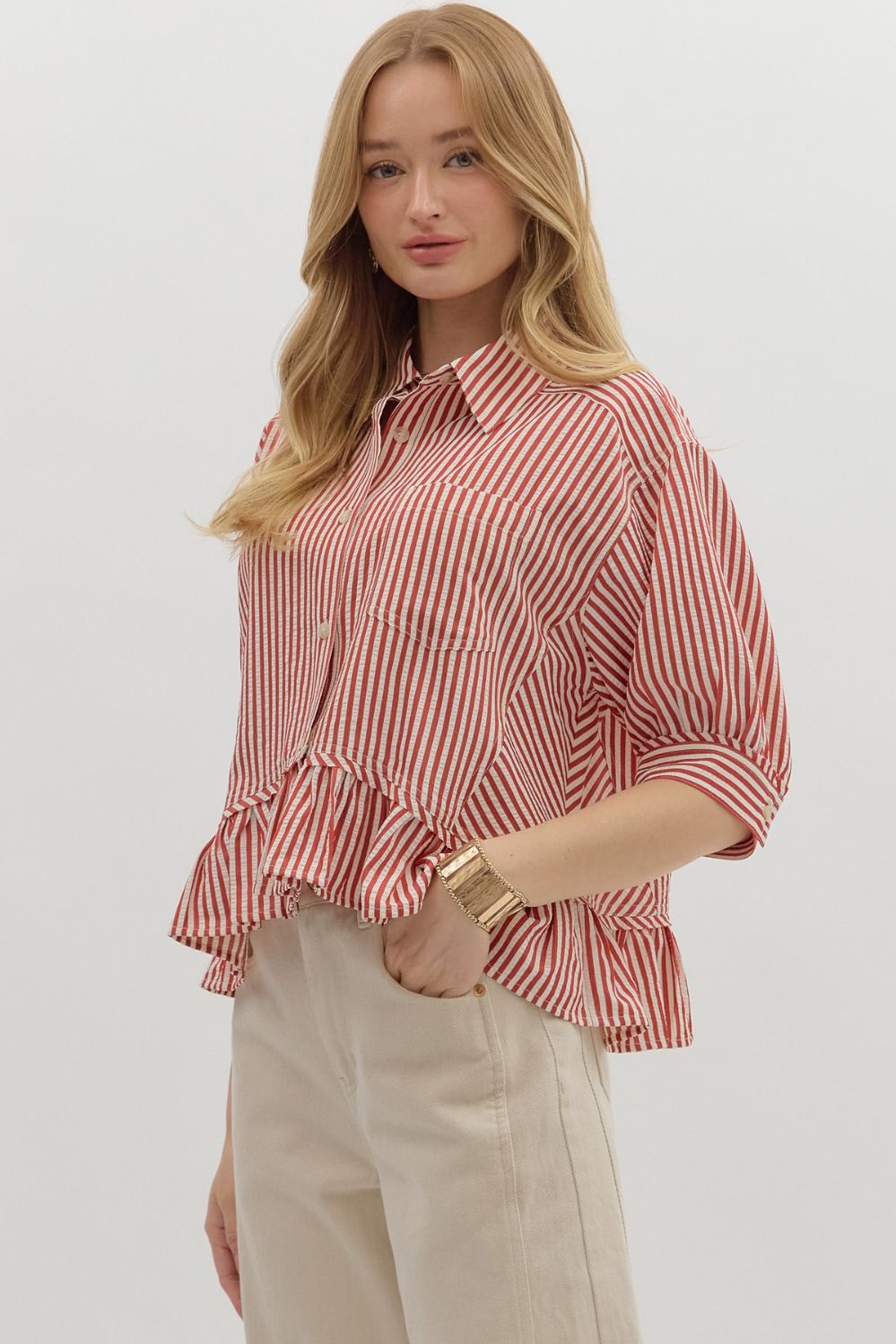 Ruffle Hem Button Down Top