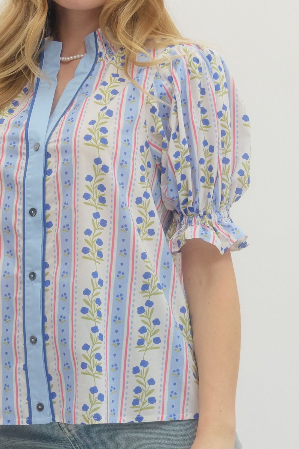 Puff Sleeve Floral Stripe Blouse