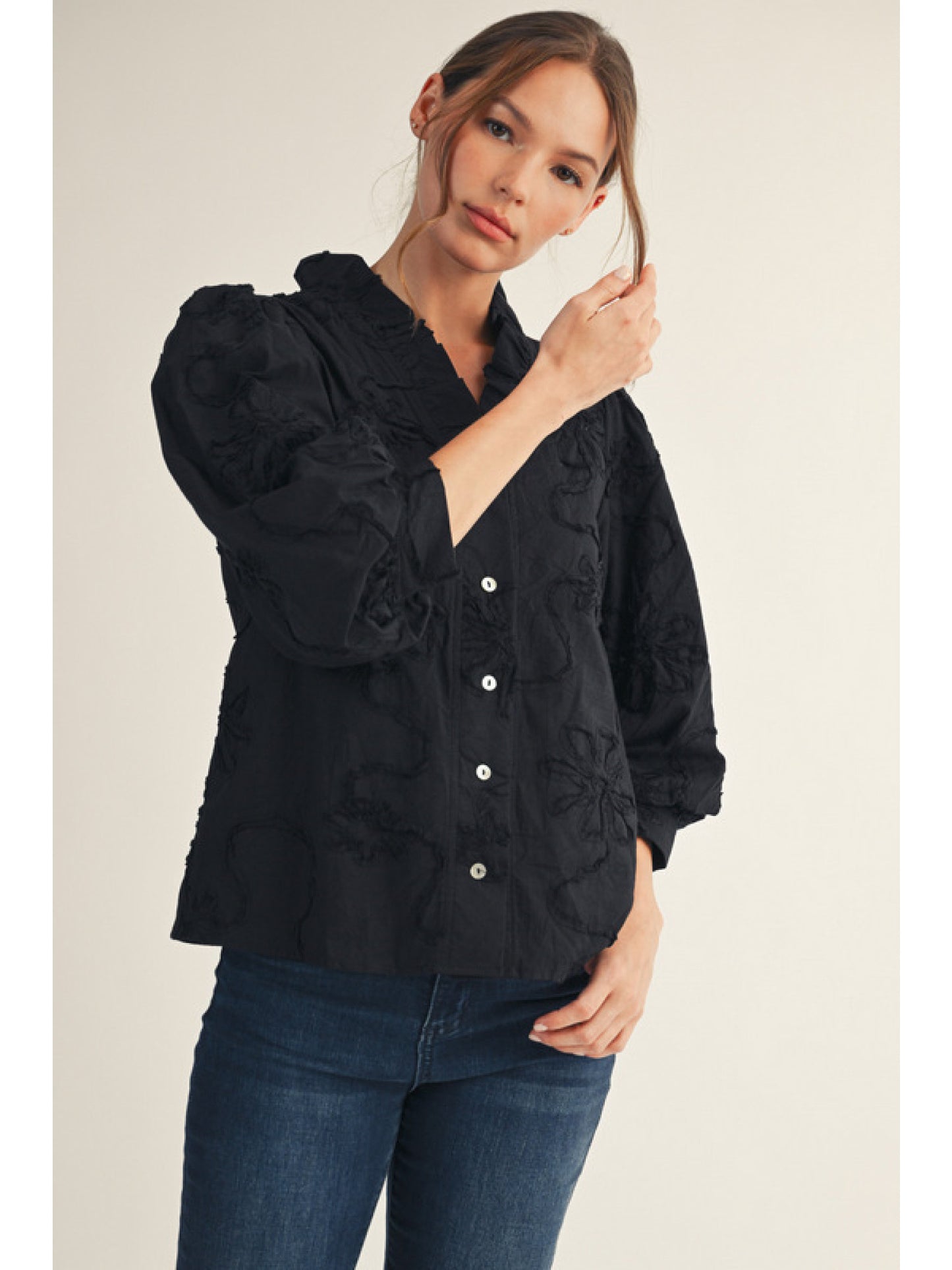 Floral Applique 3/4 Sleeve Button Down Top
