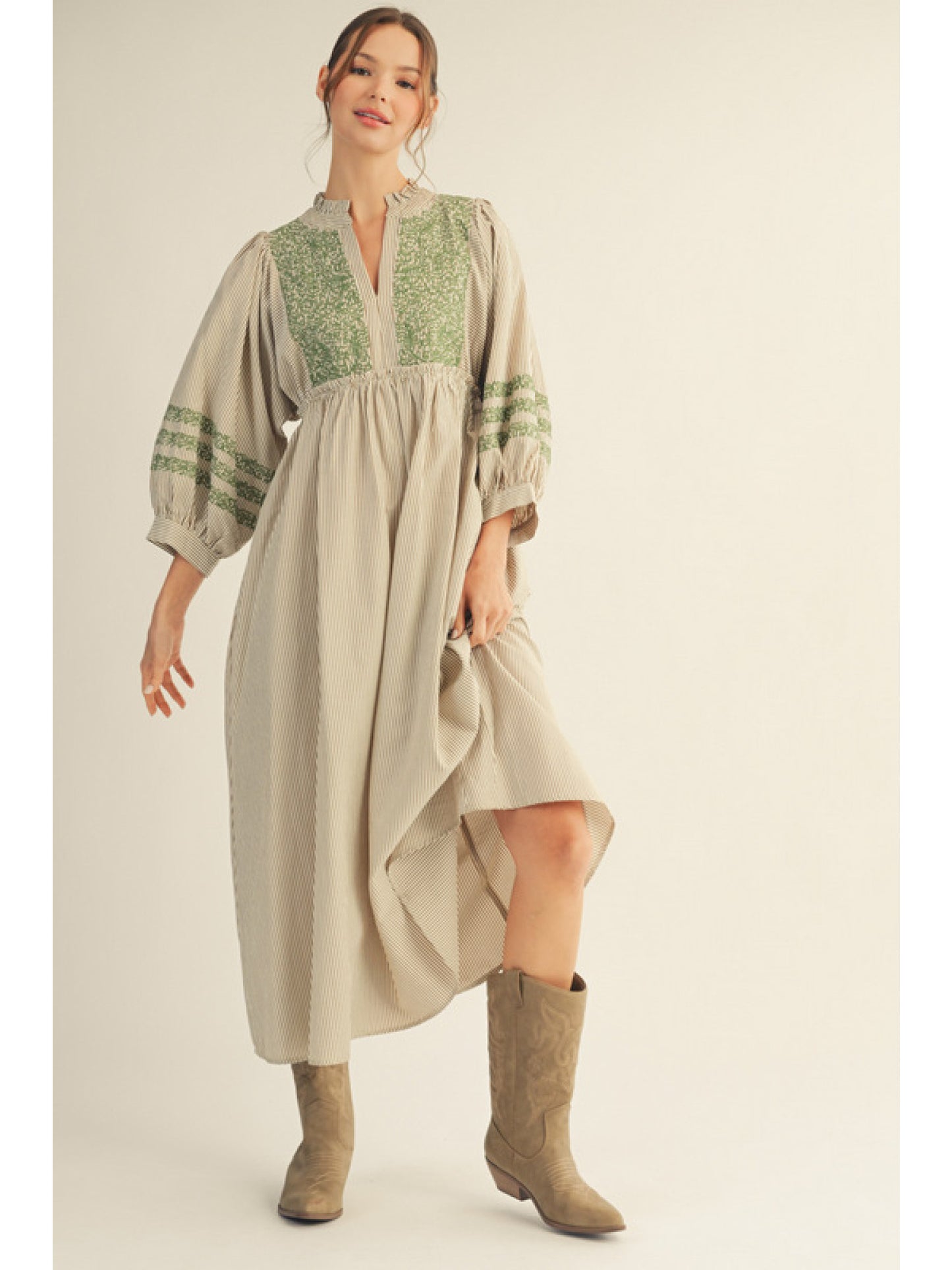 Embroidered Striped Midi Dress