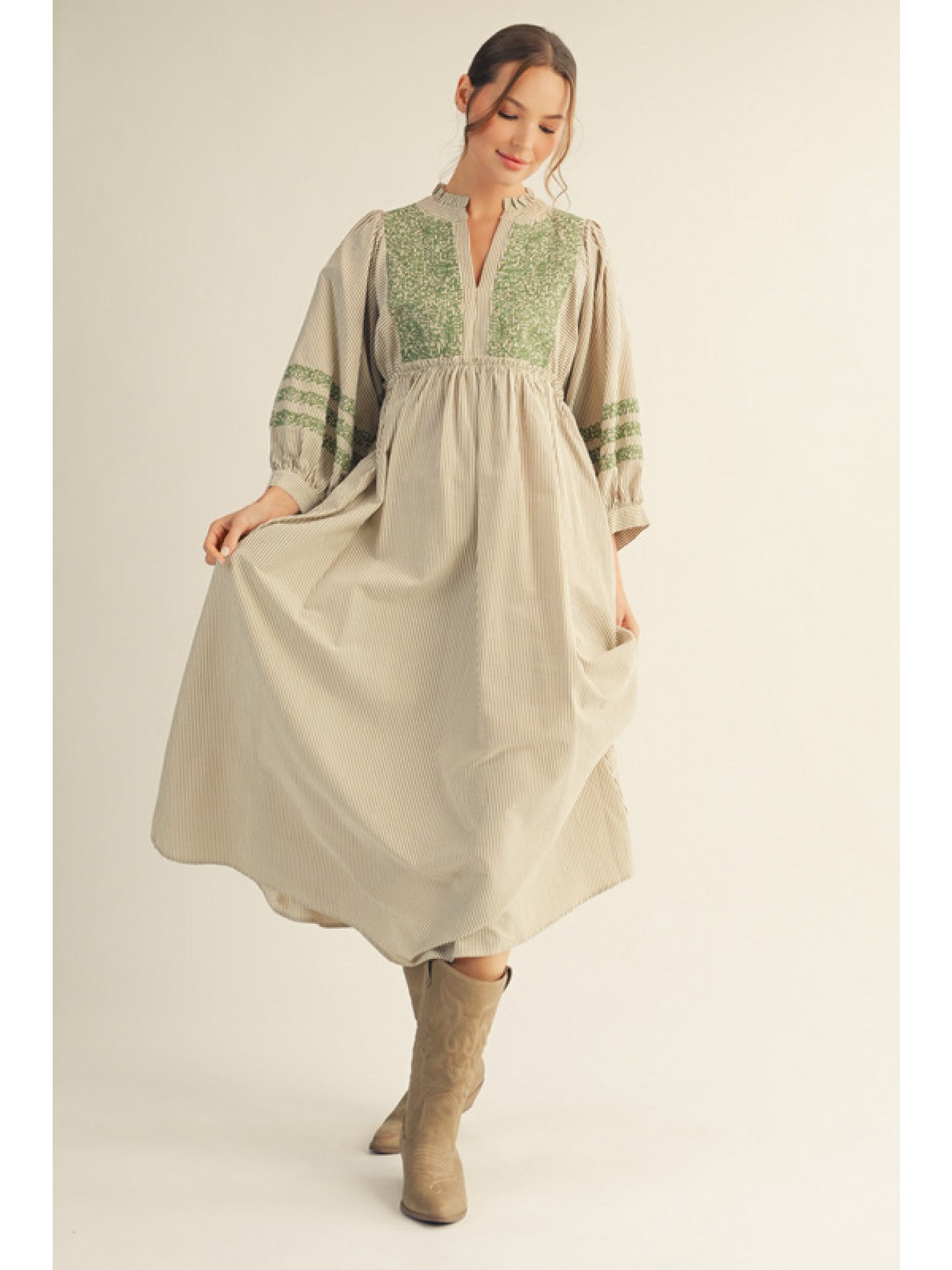 Embroidered Striped Midi Dress