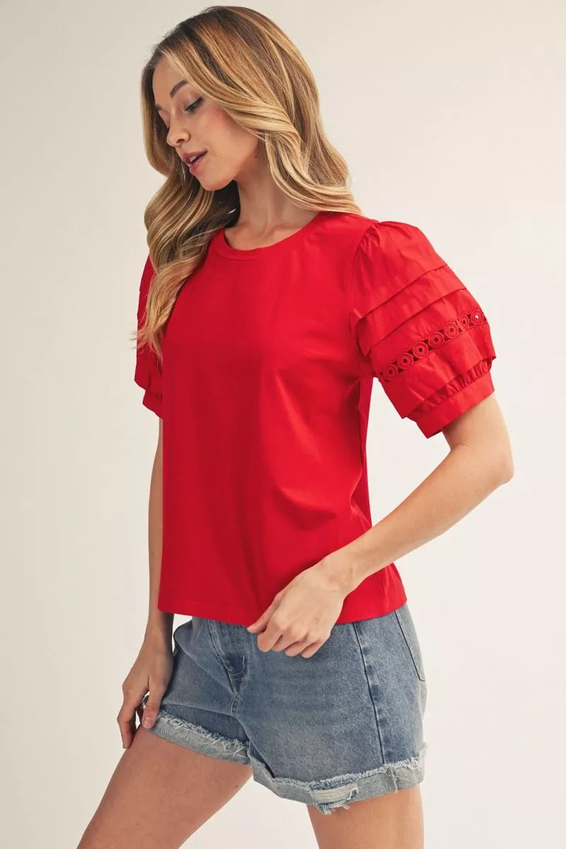 Lace Accent Puff Sleeve Top