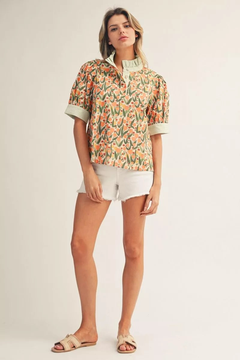 Floral Top with Contrasting Stripe