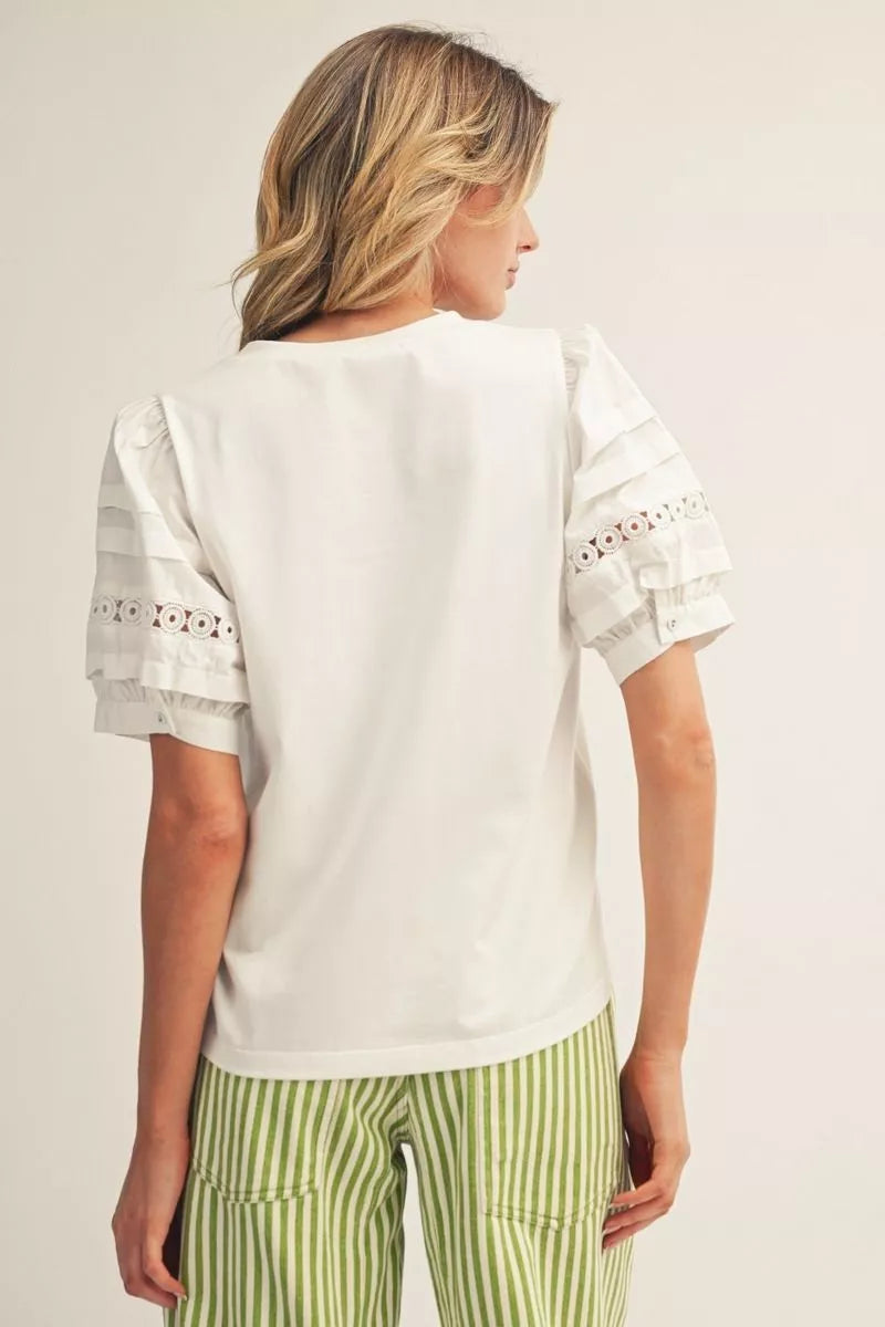 Lace Accent Puff Sleeve Top