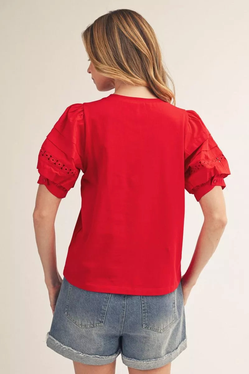 Lace Accent Puff Sleeve Top