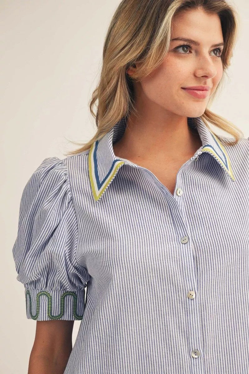 Blue Striped Puff Sleeve Button Up Top
