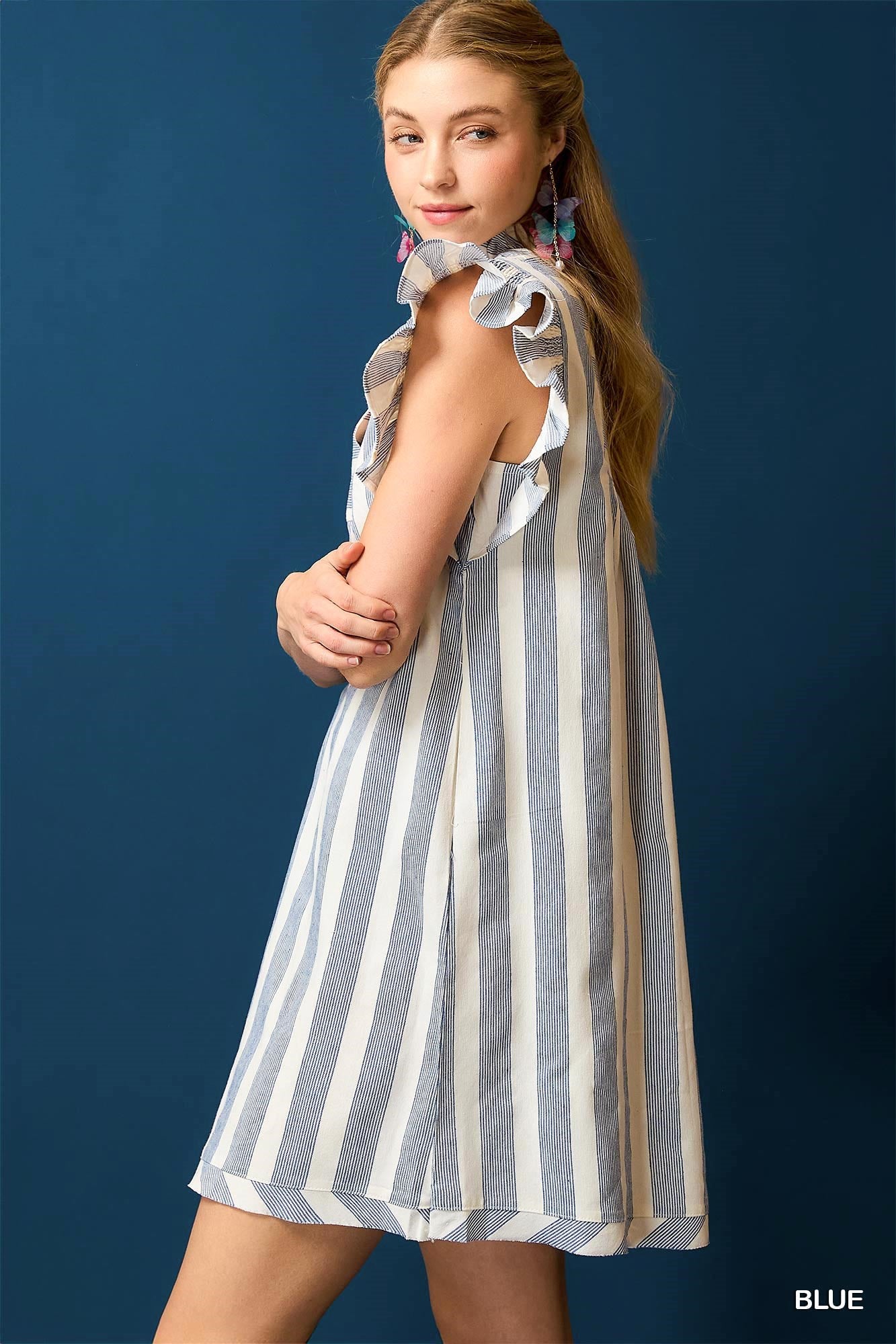 Ruffle Sleeve Striped Mini Dress
