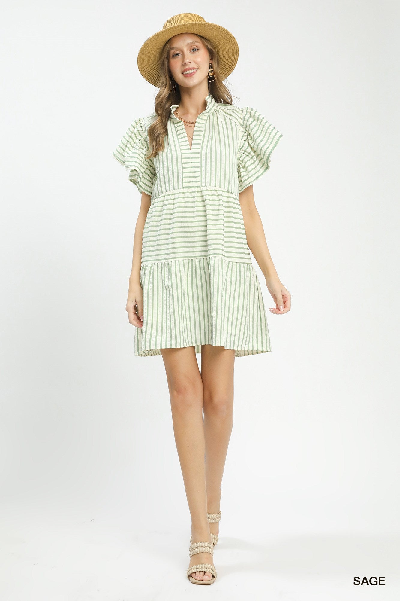 Flutter Sleeve Striped Mini Dress