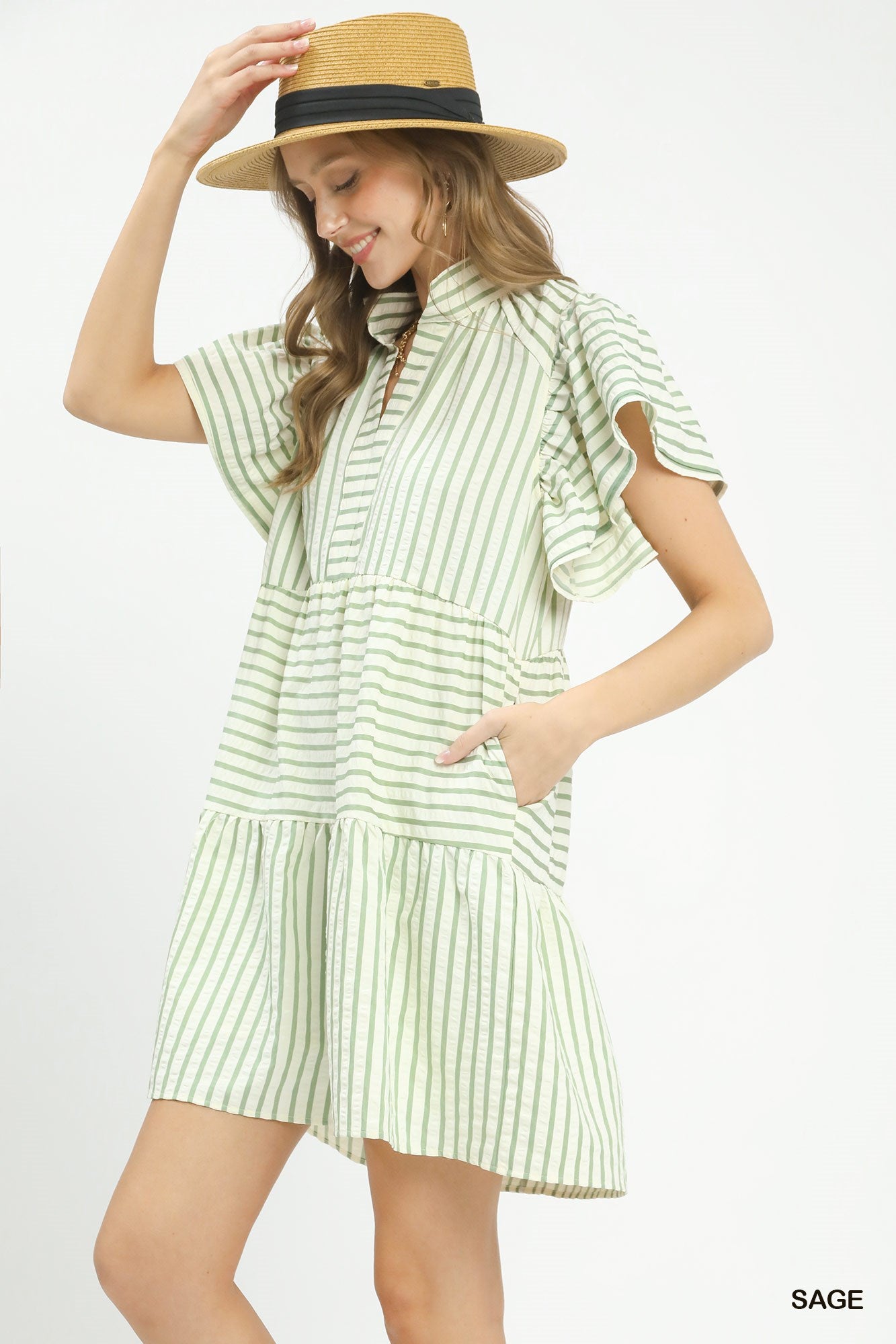 Flutter Sleeve Striped Mini Dress
