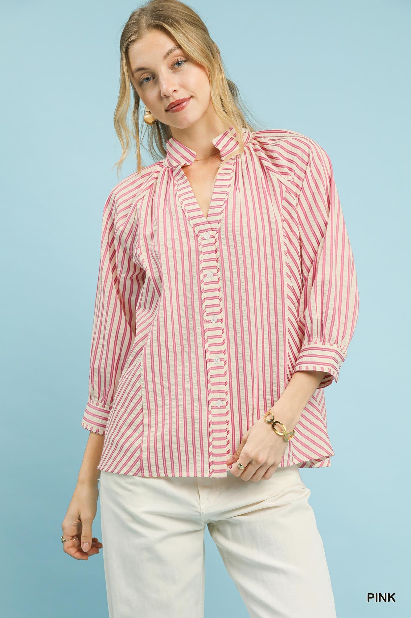 Striped V-Neck Button Up