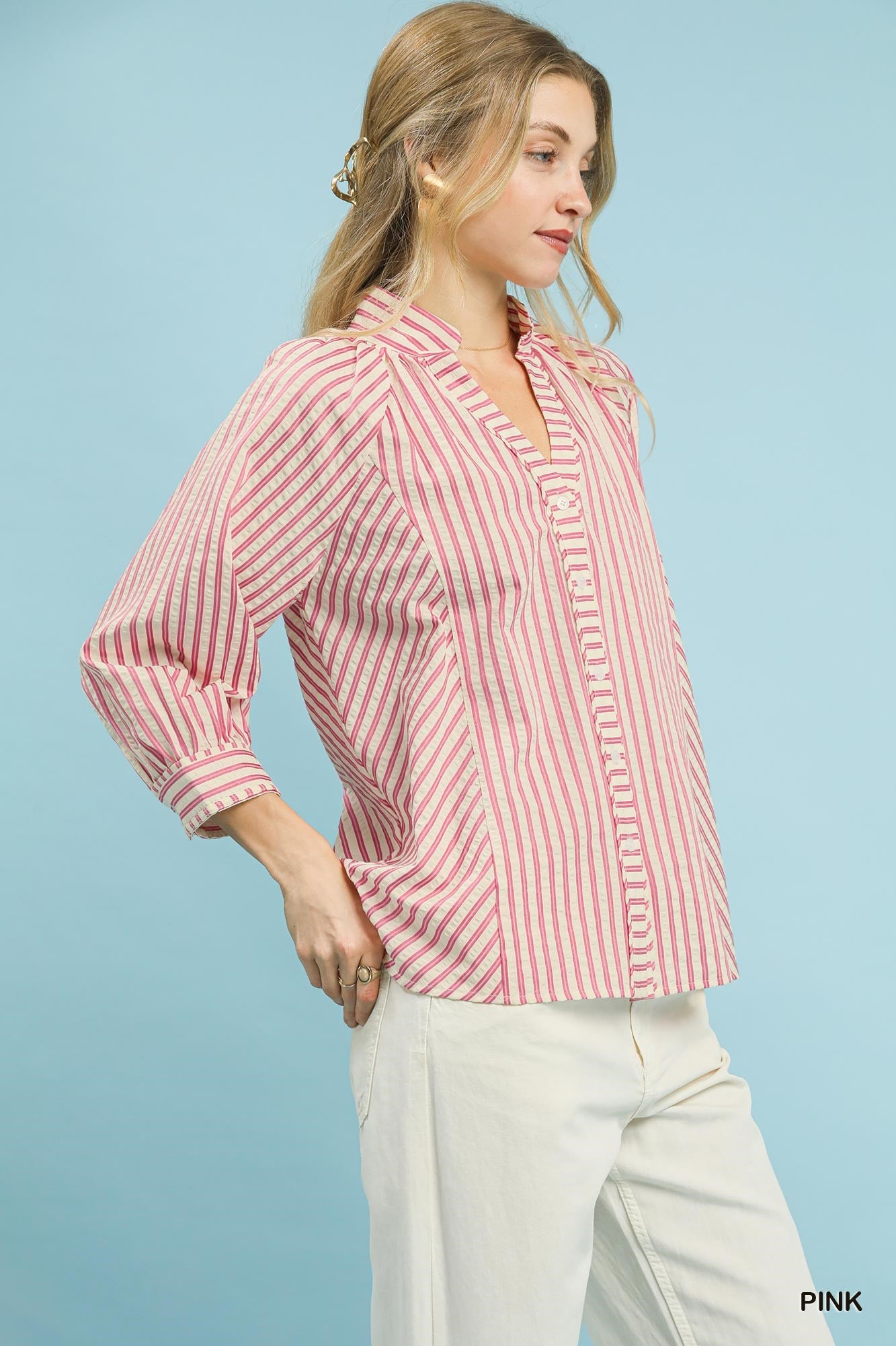 Striped V-Neck Button Up