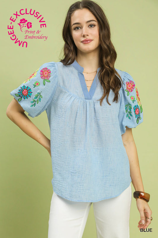 Embroidered Puff Sleeve Top