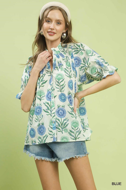 Floral Button-Front Short Sleeve Top