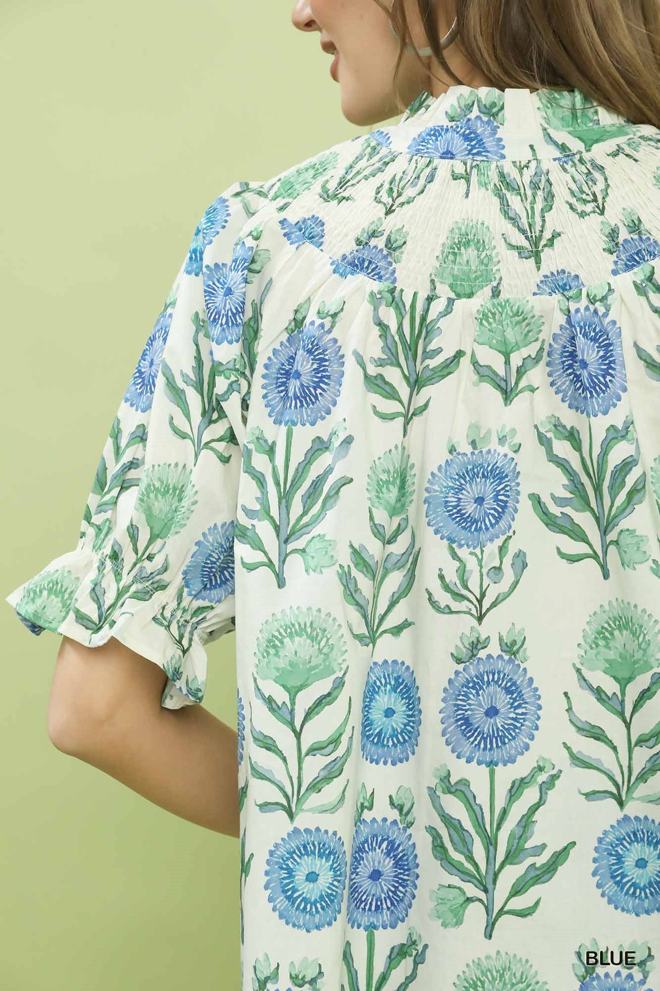 Floral Button-Front Short Sleeve Top