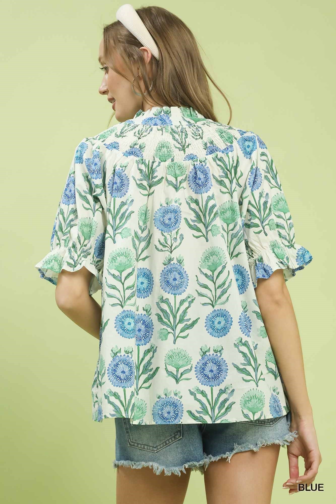 Floral Button-Front Short Sleeve Top