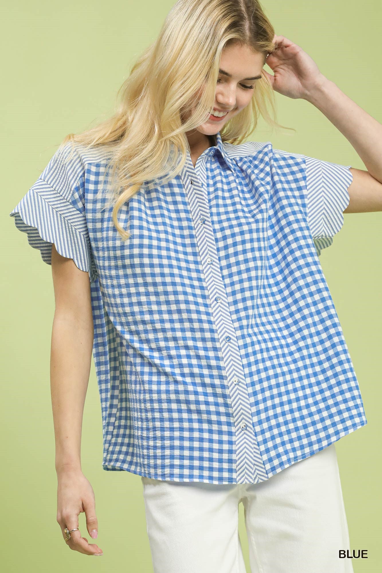 Mixed Gingham Short Sleeve Top