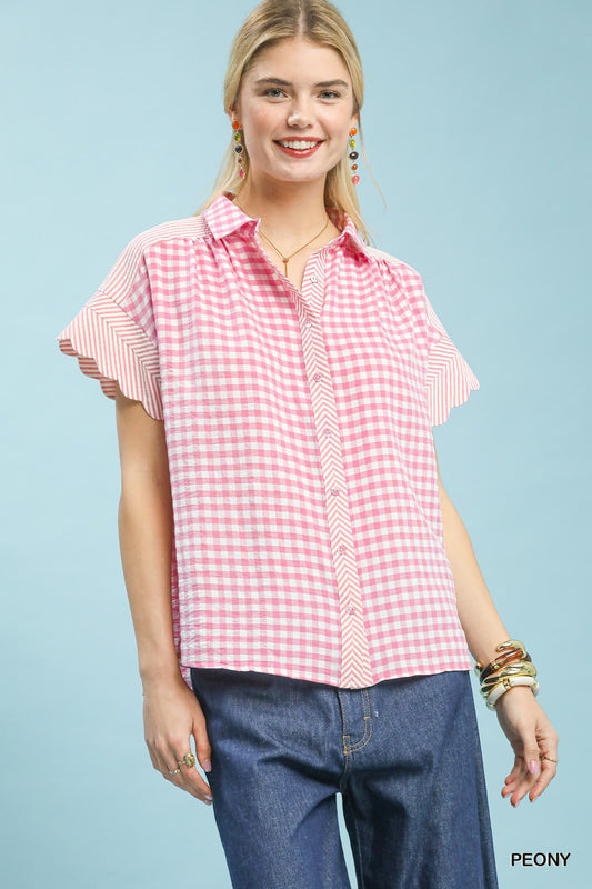 Mixed Gingham Short Sleeve Top