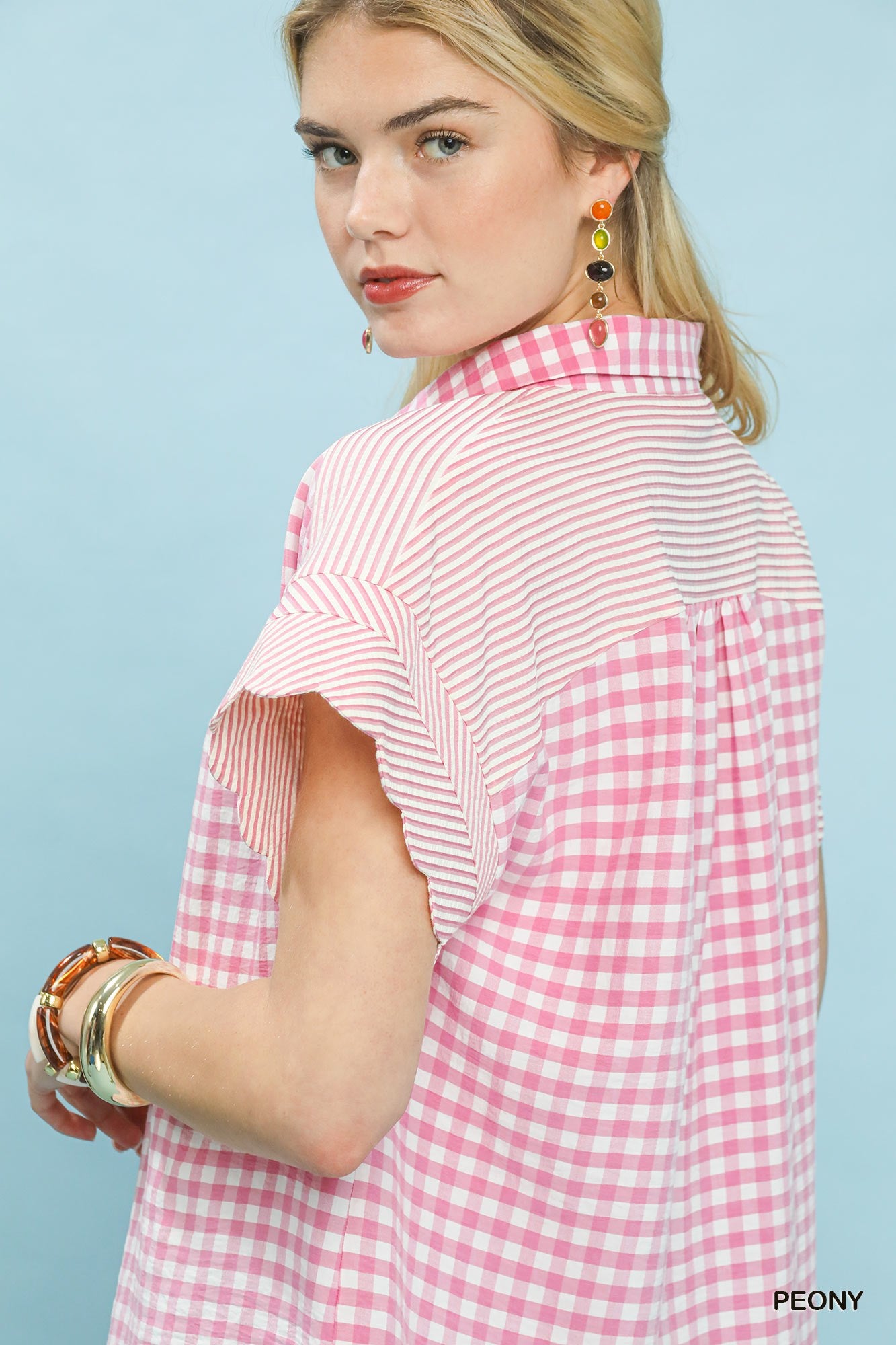 Mixed Gingham Short Sleeve Top