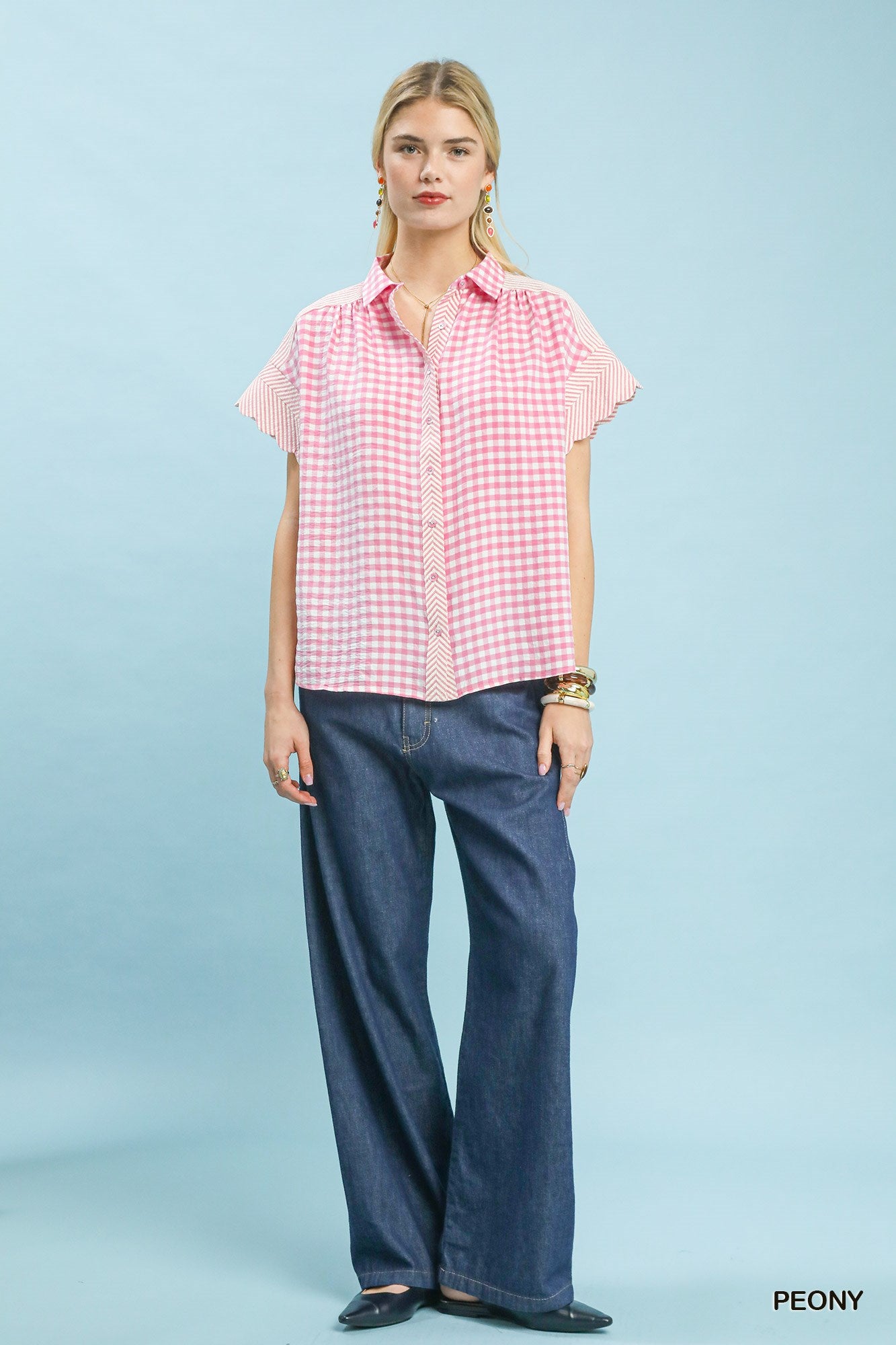 Mixed Gingham Short Sleeve Top