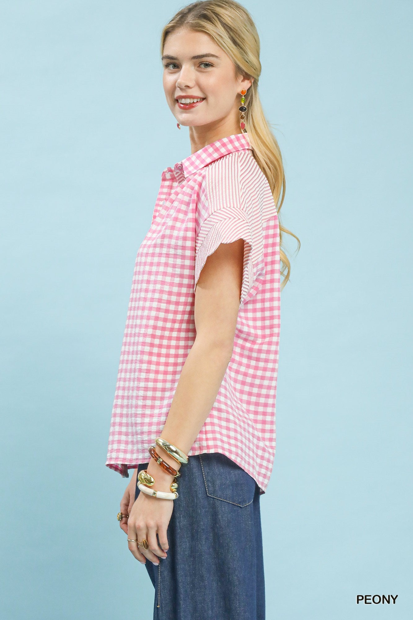 Mixed Gingham Short Sleeve Top