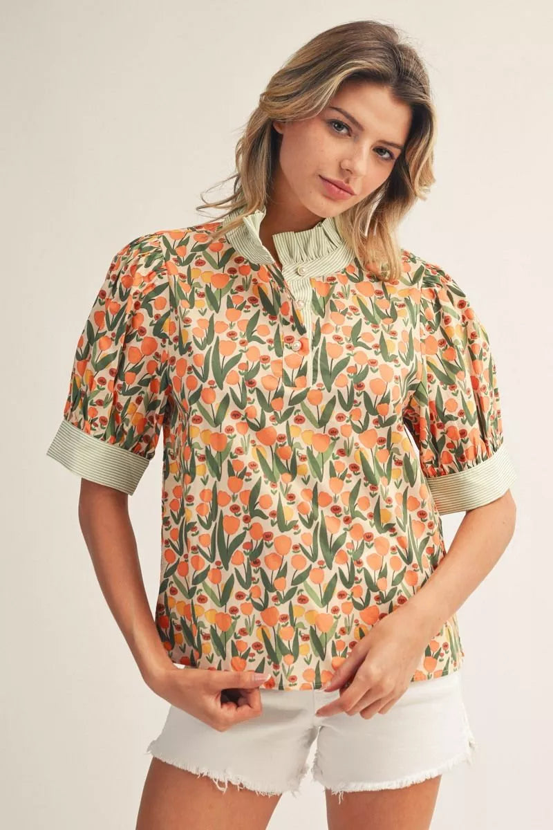 Floral Top with Contrasting Stripe