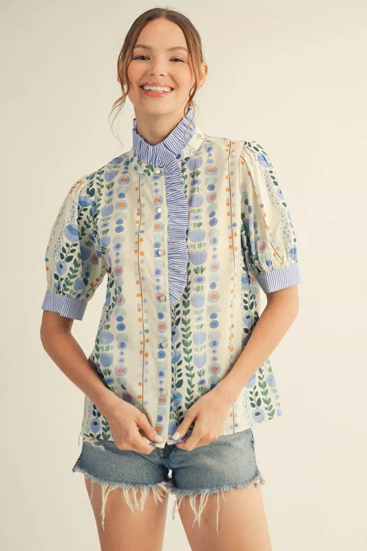 Floral Puff Sleeve Button-Down Top with Ruffled Neckline