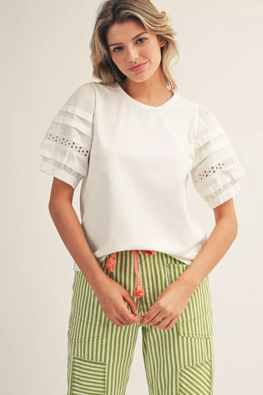 Lace Accent Puff Sleeve Top