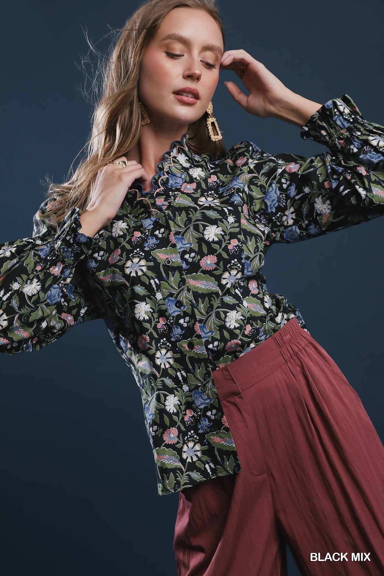 Button-Up Blouse with Ruffle Trim