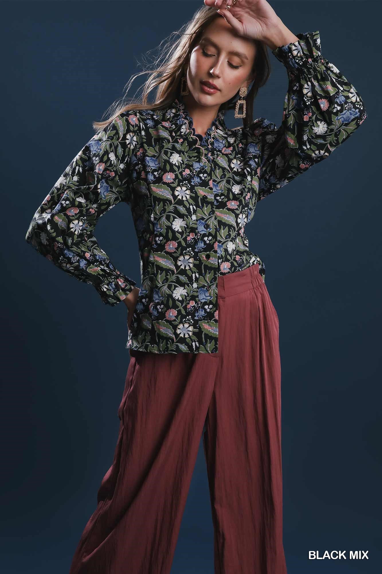Button-Up Blouse with Ruffle Trim