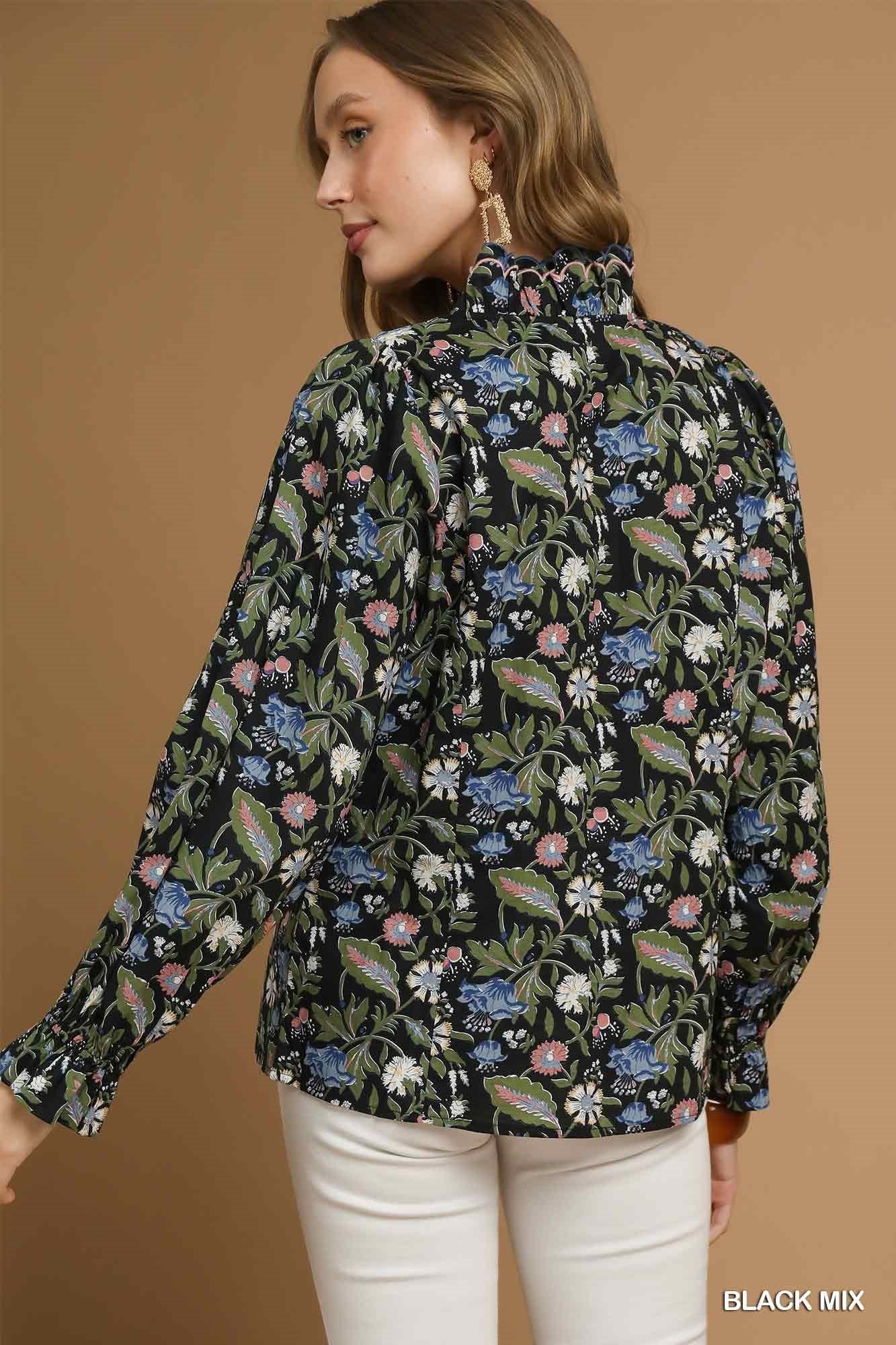 Button-Up Blouse with Ruffle Trim