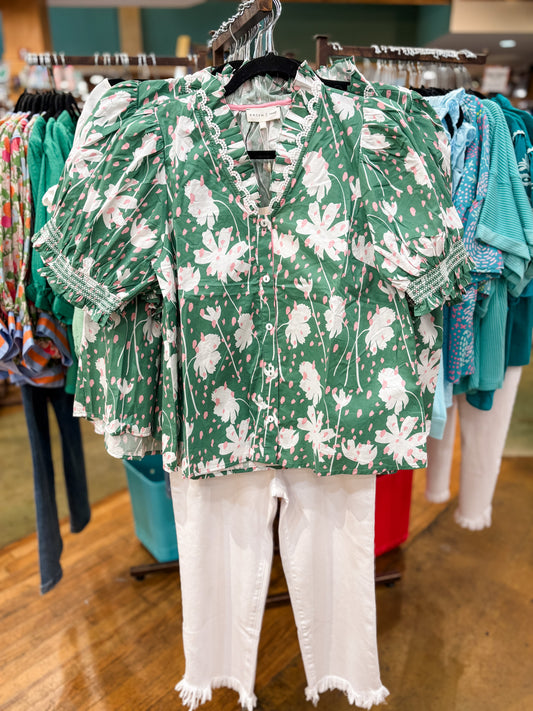 Green Floral Mix Print Top