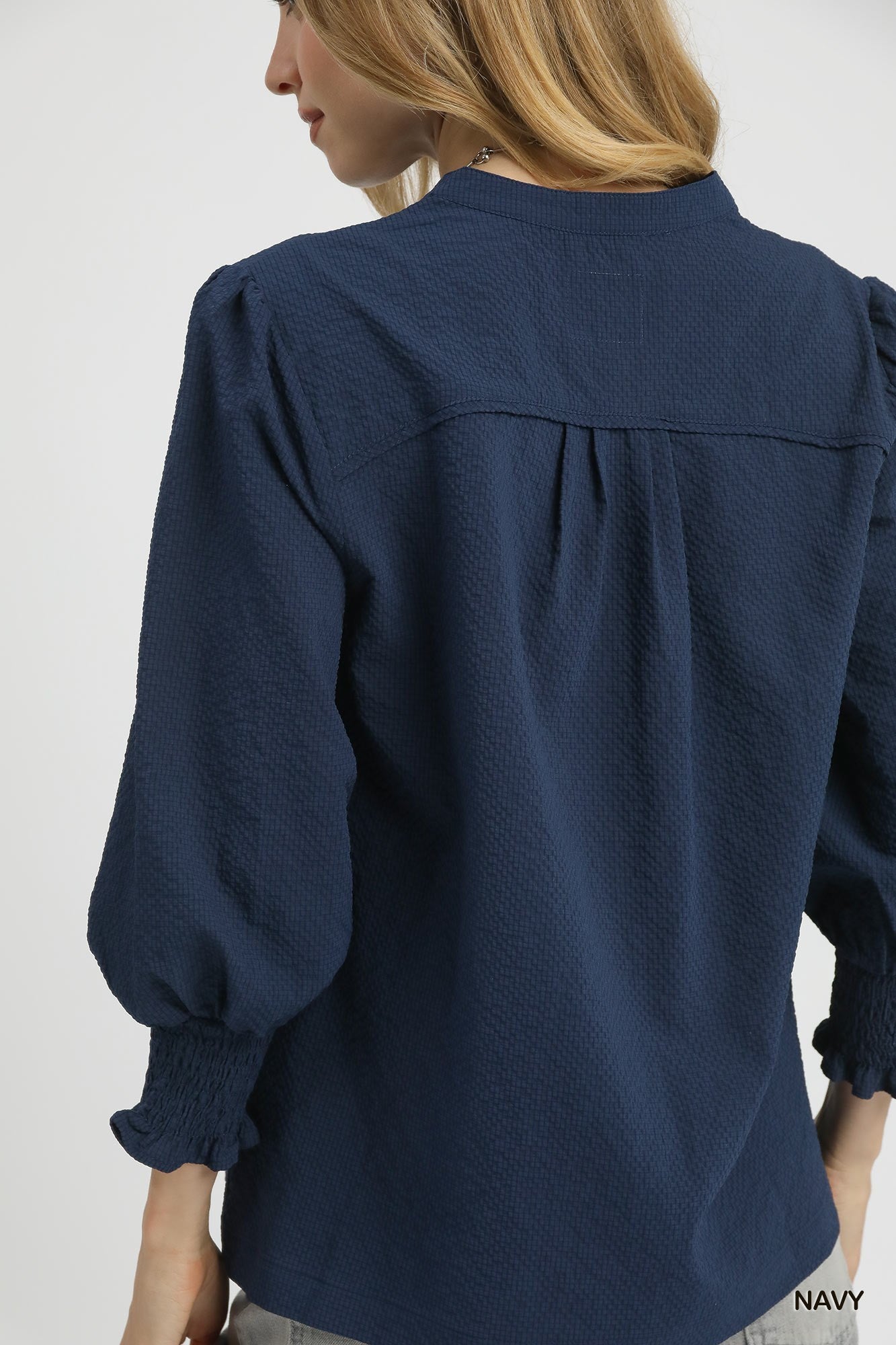 Textured V-Neck Blouse with Smocked Cuffs