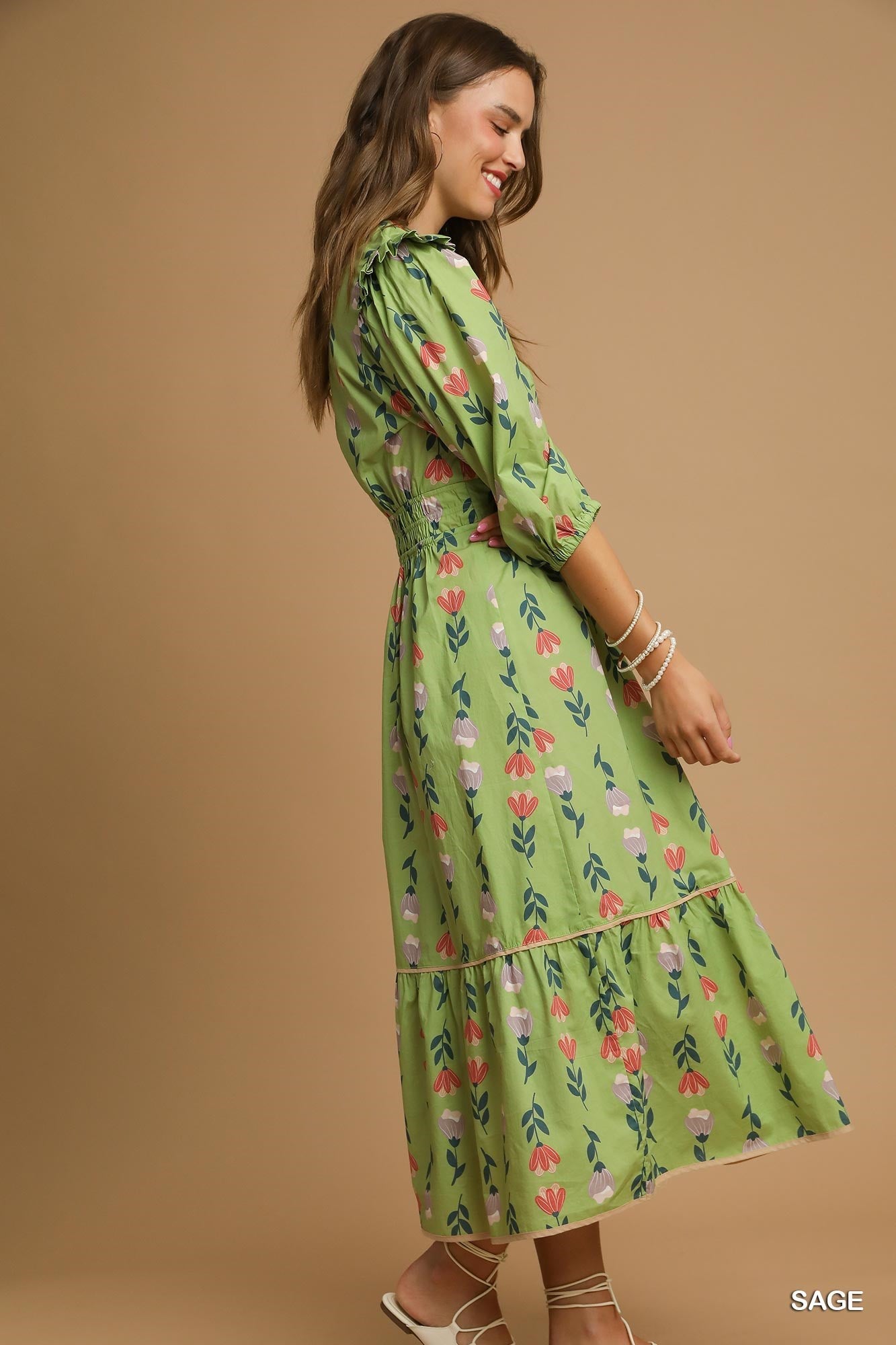 Puff Sleeve Smocked Floral Midi Dress