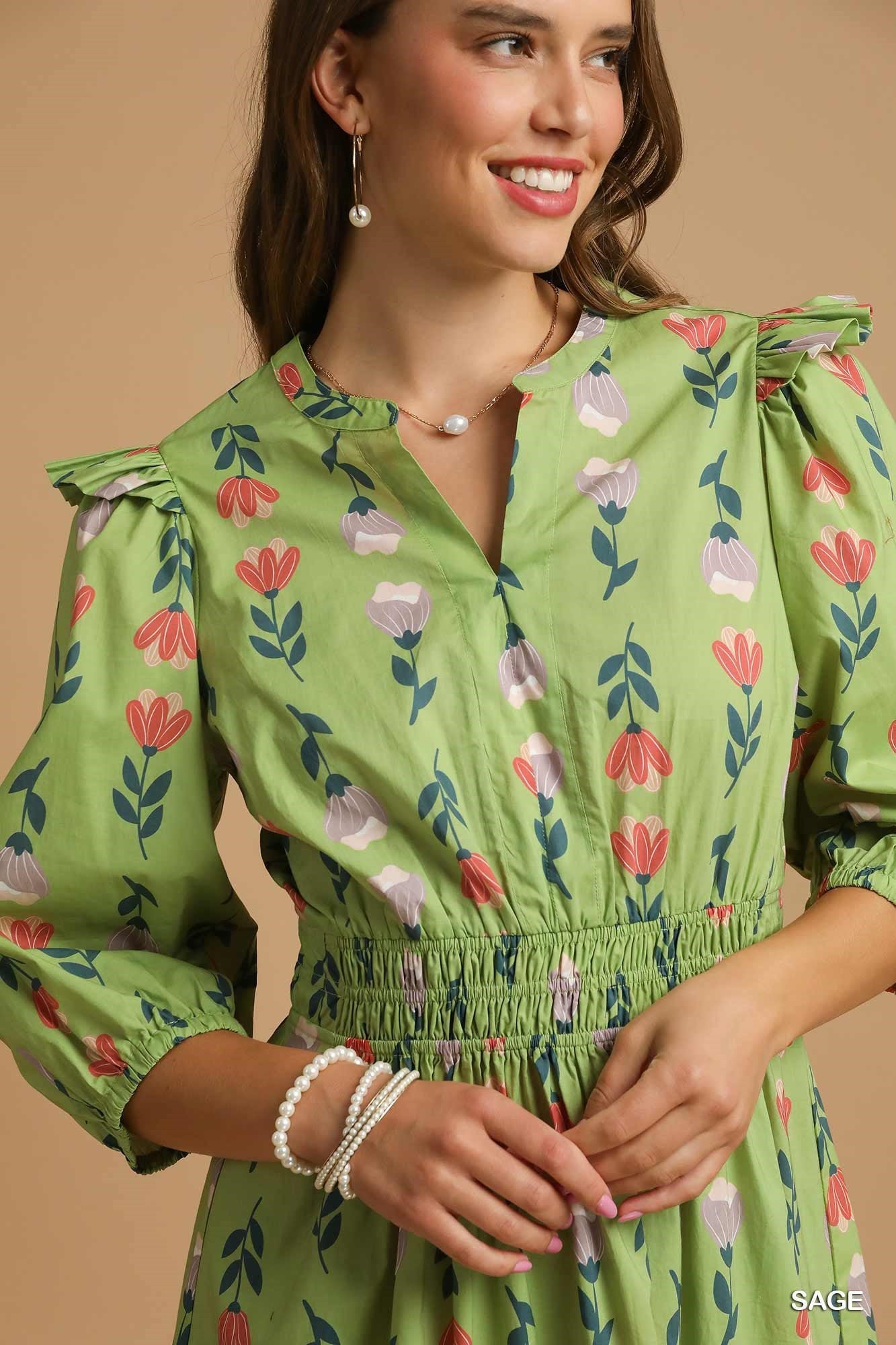 Puff Sleeve Smocked Floral Midi Dress