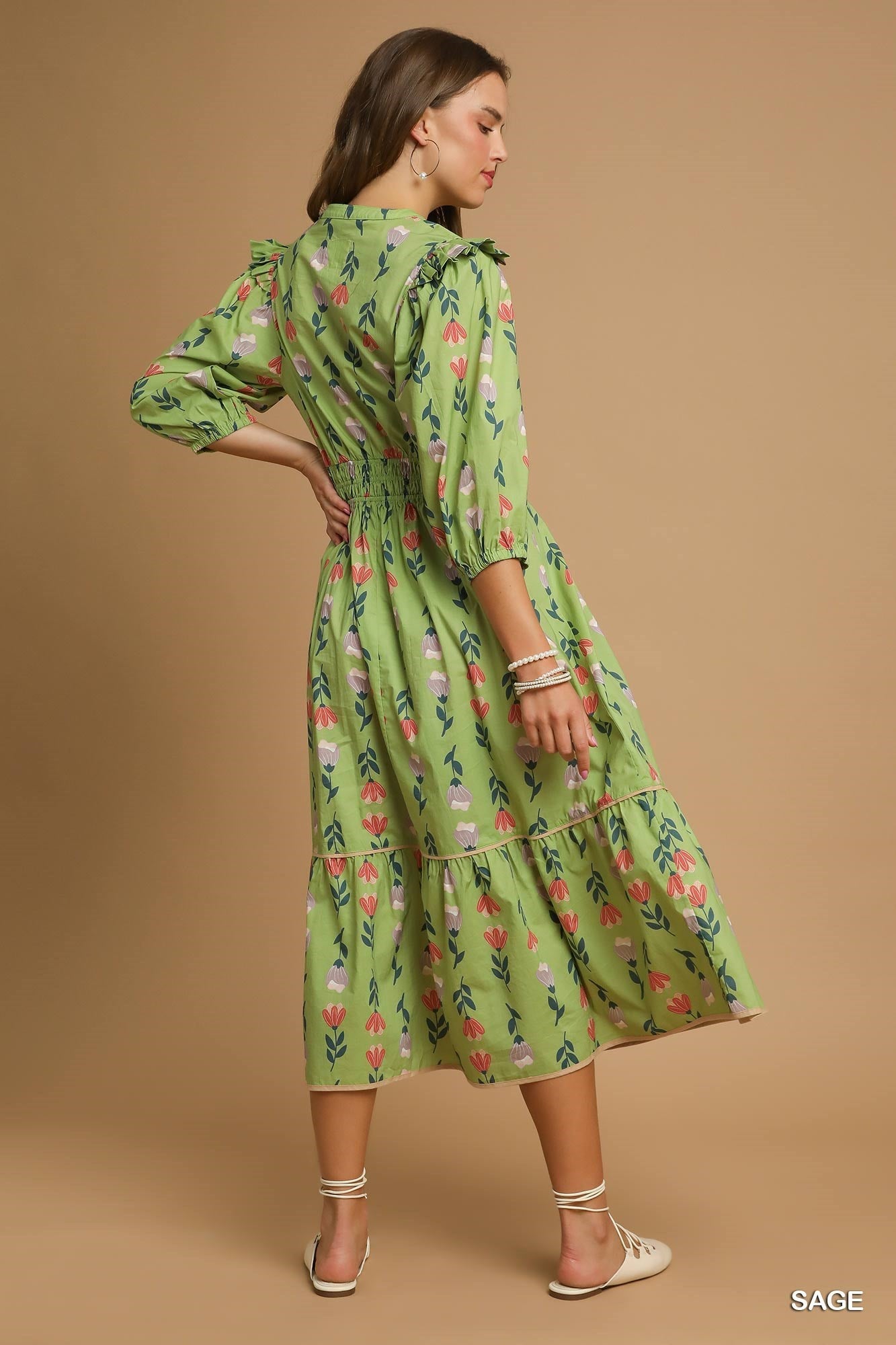 Puff Sleeve Smocked Floral Midi Dress