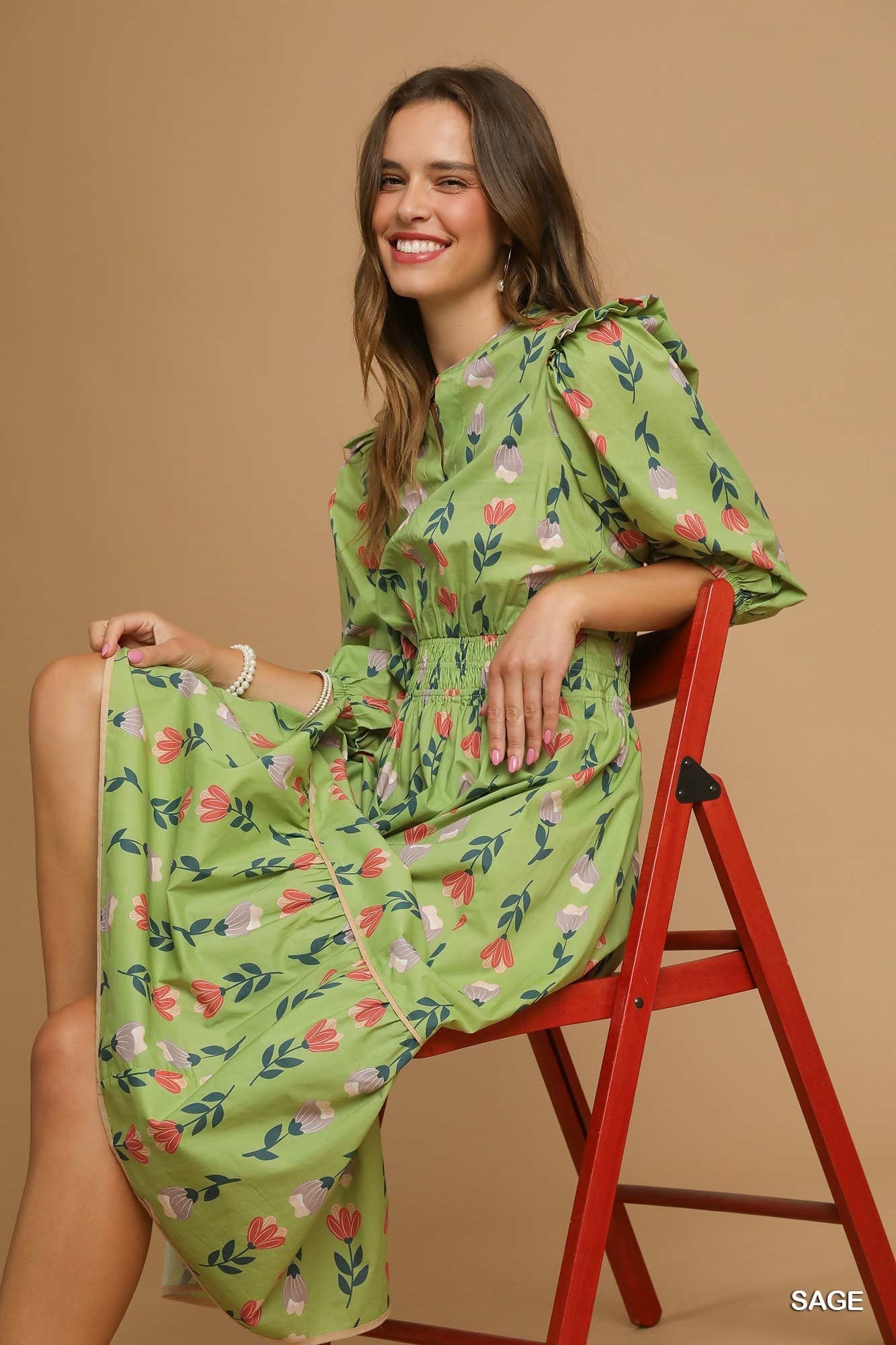 Puff Sleeve Smocked Floral Midi Dress