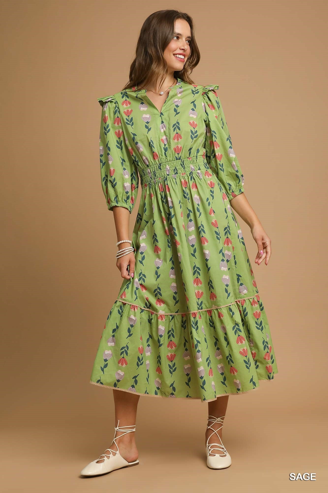 Puff Sleeve Smocked Floral Midi Dress