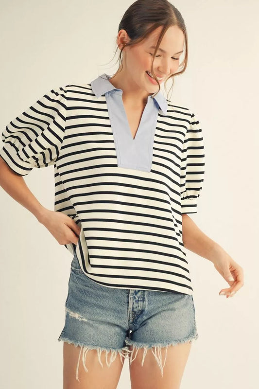 Striped Top with Contrasting Collar