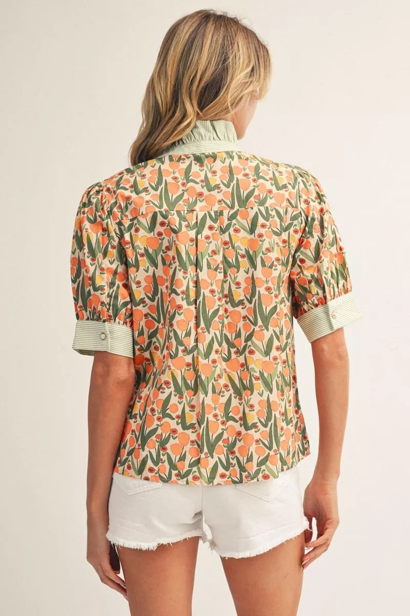 Floral Top with Contrasting Stripe