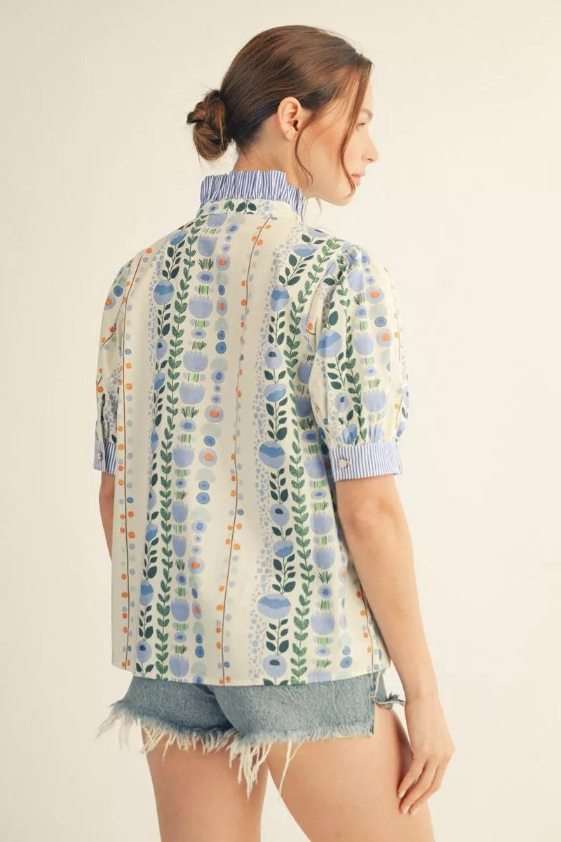 Floral Puff Sleeve Button-Down Top with Ruffled Neckline
