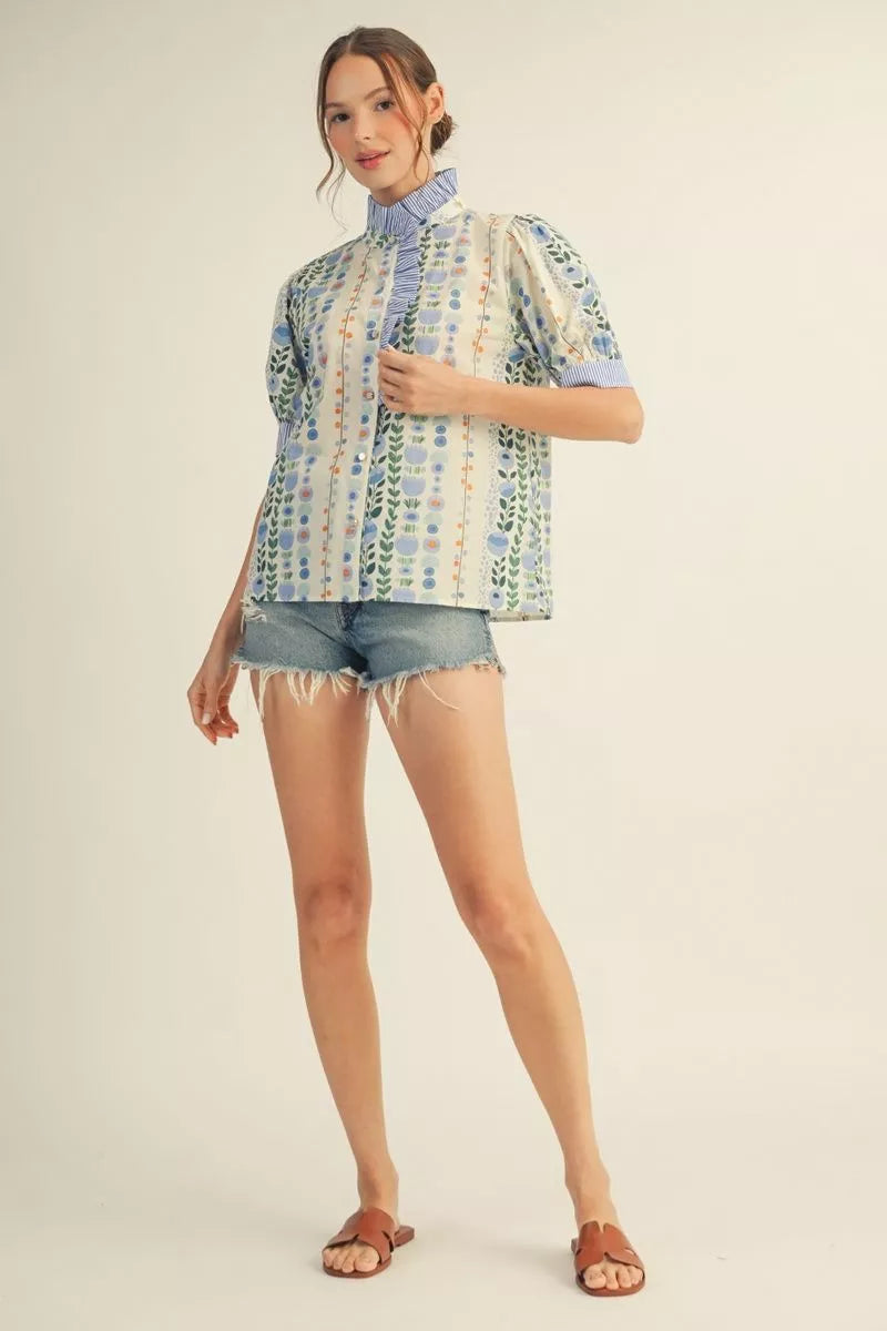 Floral Puff Sleeve Button-Down Top with Ruffled Neckline